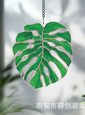 彩色玻璃叶子窗户壁挂夏季家居装饰绿色自然家居挂件窗户装饰