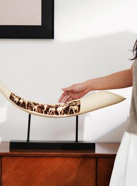 新中式创意树脂摆饰雕刻牛角装饰品大象工艺礼品摆饰书房玄关摆设