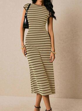 Women's Round Neck Short Sve Casual Striped Fitted Long