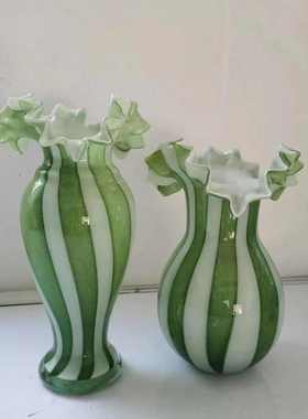 手工制作琉璃花瓶中古风苔绿奶油白六条纹芬顿美人瓶插花玻璃花器