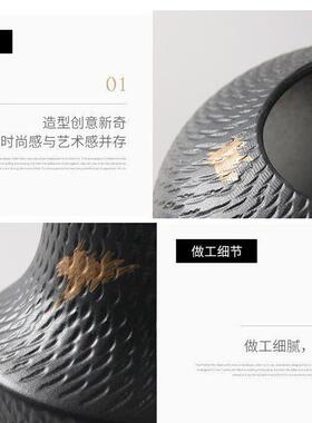 新中式创意飞碟黑色花摆件民宿客厅玄关餐桌桌面插花陶瓷花器