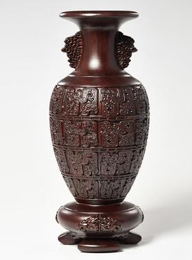 黑檀木雕花瓶摆件客厅实木质小复古可插花一对大号落地轻奢高级感