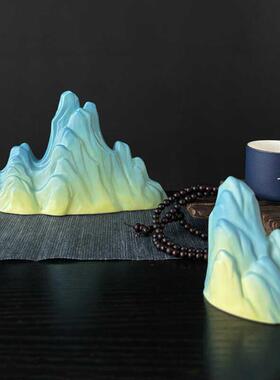 新中式鱼缸雪山造景石头微景观只此青绿陶瓷假山沙盘摆件千里江山