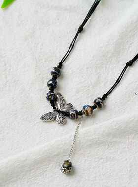 文艺民族风贵妃蝶陶瓷长款毛衣链女古风挂饰复古中国风蝴蝶项链