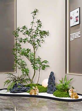 中式室内仿真绿植假山石组合楼梯下景观造景酒店玄关落地装饰摆件