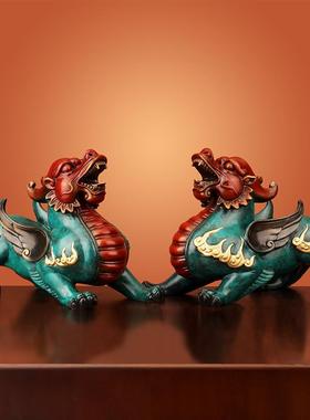 《霸王貔貅》纯黄铜貔貅摆件招财皮丘一对公母客厅玄关聚财工艺品