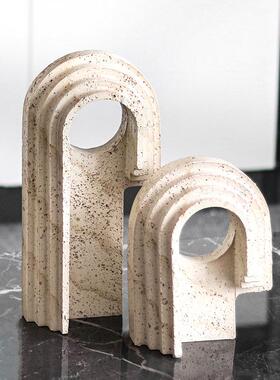 侘寂复古仿洞石不规则拱形圆洞摆件酒店玄关书柜样板间装饰工艺品