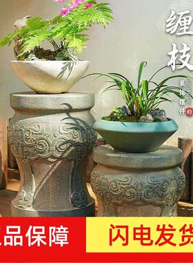 石墩子底座仿石头花架庭院户外室内石雕摆件中式水泥盆景架摆件