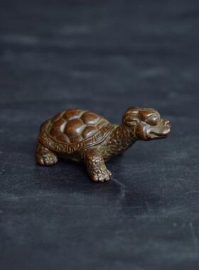 仿古 回流老铜龟小雕件纯铜长寿龙龟手把件古玩铜雕铜器小摆铜龟
