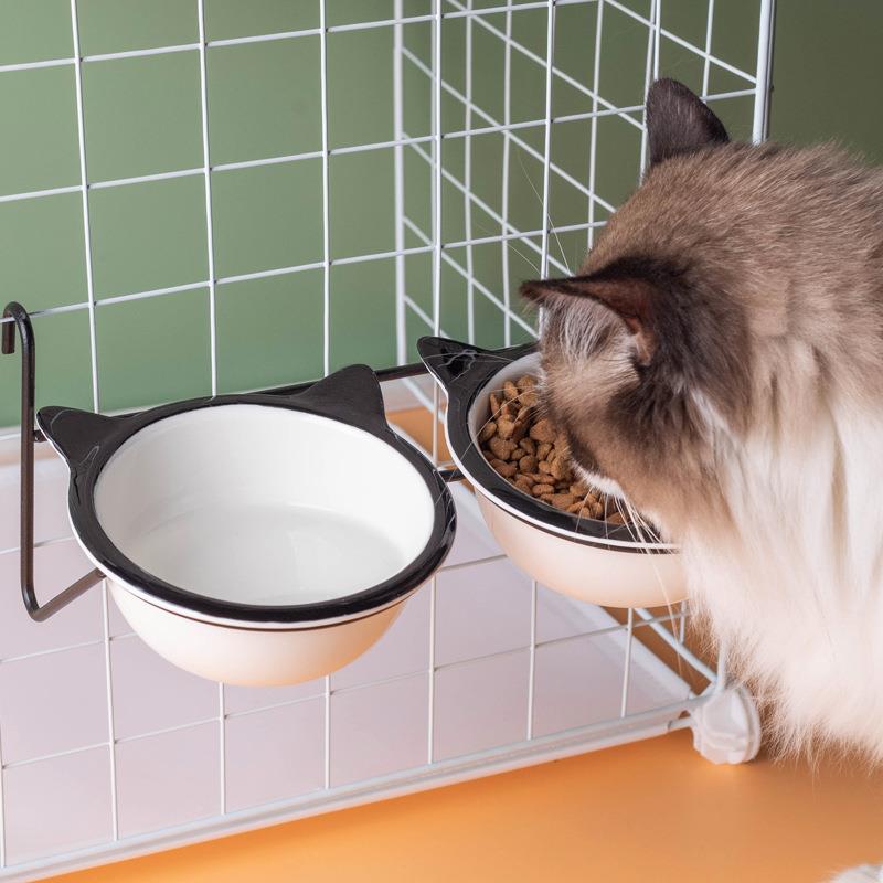 陶瓷猫碗悬挂式猫粮喝水碗防打翻固定挂笼双碗防黑下巴宠物猫狗碗 - 图1