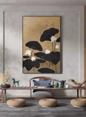 新中式黑色禅意荷花中国风酒店茶室客厅装饰画玄关壁画竖版挂画