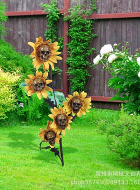 跨境新品万圣节工艺品向日葵树脂骷髅饰品户外花园室内装饰插件