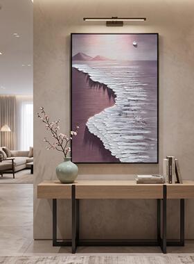 治愈厚肌理砂岩海边夕阳手绘挂画侘寂风玄关走廊竖版海景装饰画