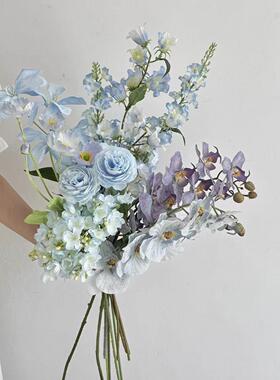 蓝色系级感仿真花手捧花束卧室客厅餐桌装饰花艺造景家居假花