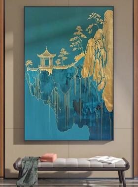 2020新中式宋代美学山水端高大客气绿色抽象厅装饰壁画玄关画竖版