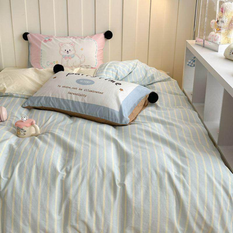 条纹彩色系全棉大版枕套毛球款四件套亲肤舒适床品春夏柔软套件,淘宝优惠券,粉丝福利购,淘宝优惠卷