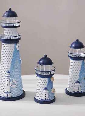 地中海风格铁皮灯塔手工绘画电子灯塔 家居装饰创意摆15cm