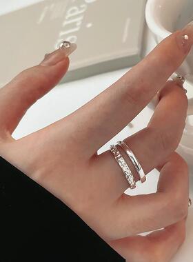 新款时尚双层素圈戒指新款女小众设计感冷淡风祖母绿锆石开口