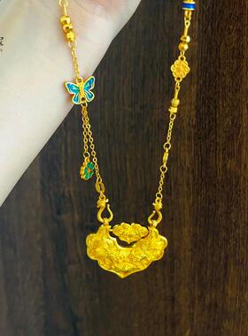 金店同款沙金古法双鱼锦鲤如意锁包项链小鱼双钩毛衣链送女友礼物