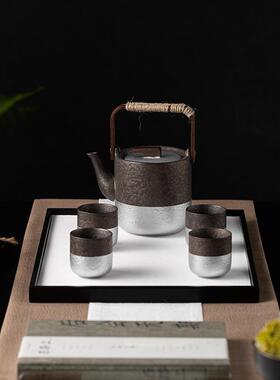 新中式鎏银茶具茶盘托盘组合摆件茶道茶室茶几样板间装饰软装搭配