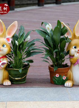 花缸摆件户外园林玻璃钢仿真动物兔子雕塑幼儿园庭院花盆景观装饰