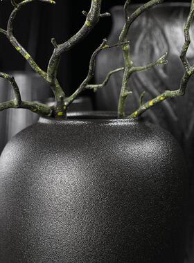 花瓶陶瓷复古中式粗陶客厅家居插干花器摆件简约黑色陶罐玄关装饰