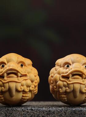 【招财貔貅】黄杨木刻雕5.0公分一对手把件把玩盘玩物件