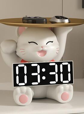 MSKA招财猫托盘时钟摆件钟表摆台式创意玄关桌面开业礼电子表闹钟