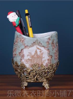 新款欧古式复陶瓷笔筒彩绘工公室书房桌面收纳盒子家居办装饰艺品