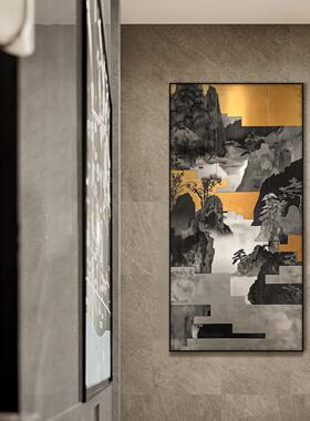 新中式鎏金彩雕装饰画玄关客厅茶室金箔山水东方美学艺术感挂画