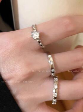 甜酷锆石开口可调节戒指女简约冷淡风小众设计食指戒精致指环男款