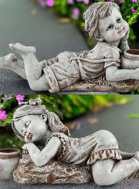 新品太阳能卧姿可爱男孩女孩瓦罐灯摆件家居庭院草坪景观装饰