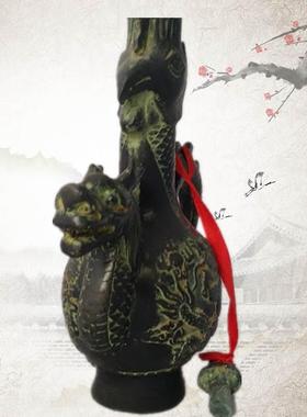 古玩 仿古青铜器酒壶龙凤呈祥酒壶 博古架摆件古玩 家居装饰品