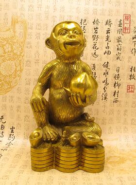 黄铜猴摆件金猴献宝福字元宝聚宝盆生肖猴全家福猴家居客厅装饰品