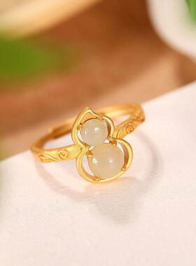 天然和田葫芦戒指镶嵌纯银复古个性精致祥云开口指环饰品女