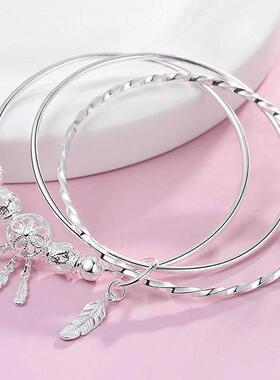 羽毛球手环复古风三生三世镀银手镯三环镂空玲珑球情定三生手镯