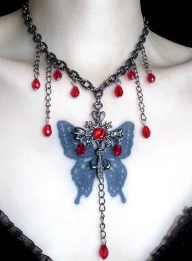 甜酷辣妹红色串珠十字架流苏项链时尚小众设计感亚文化锁骨链新款