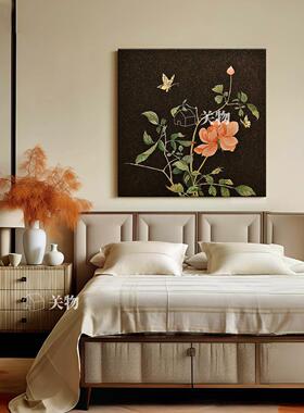 中古风红色花卉肌理手绘油画法式蝴蝶客厅卧室装饰画轻奢玄关挂画