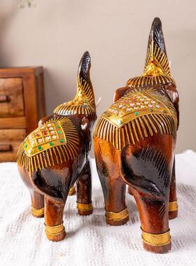 泰国整木雕刻大象摆件实木大象客厅桌面摆设玄关博古架电视柜装饰