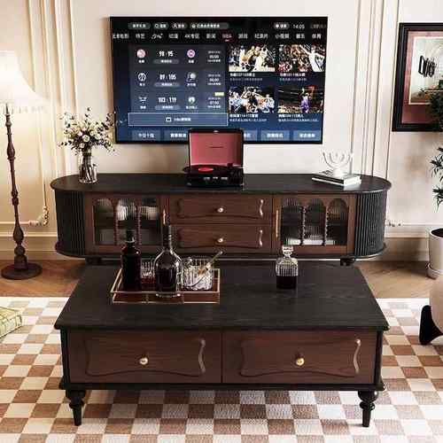 法式古实木电BMJ视柜黑色美式小户型客家厅用收纳储古物柜中风家 - 图0
