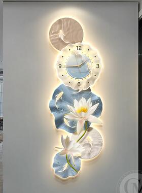 轻奢现代入户玄关装饰画九鱼图带钟表高档挂画走廊过道荷花壁灯画