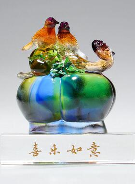琉璃喜上枝头喜鹊柿子事事如意结婚礼物中式爱情鸟工艺品装饰摆件
