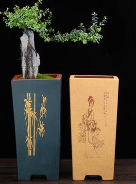 紫砂君兰花222盆四方透气高签筒刻室内桌绘面崖子兰春蕙兰悬盆景