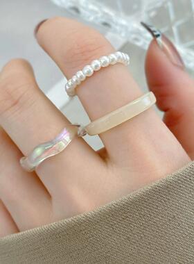 珍珠戒指妇女的3件套树脂平原戒指珍珠戒指套3件套