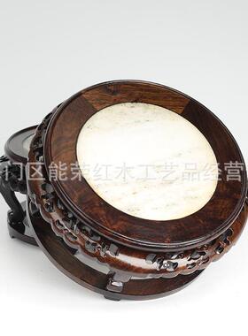 黑檀嵌大理石圆底座实木中式工艺品摆件奇石头花瓶底座木质托架