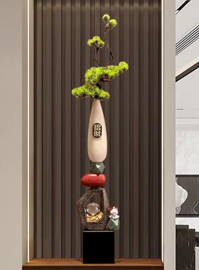 入门玄关造景花瓶摆件石来运转迎客松客厅新中式细长高陶瓷装饰品