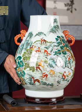 景德镇陶瓷瓶彷古双耳白鹭尊福管瓶手绘中式客厅入口装饰摆件