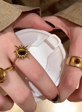 太阳花金色虎眼戒指高级指环指环