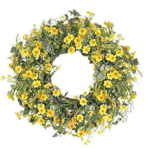 春夏季小黄雏菊藤圈花环 仿真白花尤加利藤条家居装饰婚礼门壁挂 - 图3