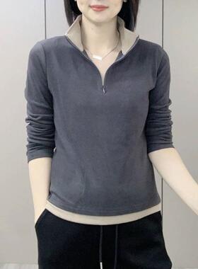 韩国休闲 立领德绒卫衣女内搭2025春秋新款时尚百搭保暖长袖上衣-